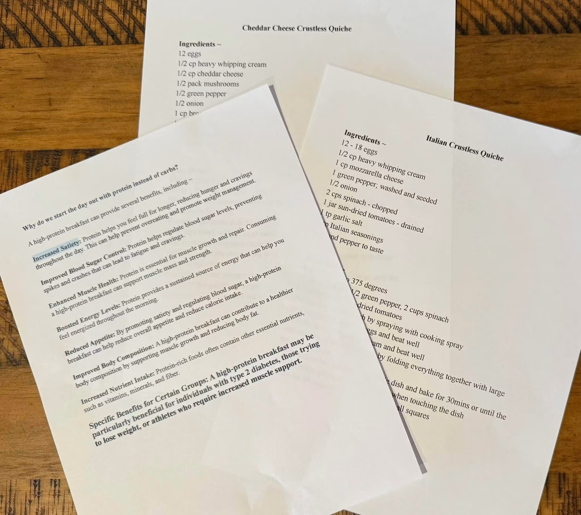 Recipe handouts for crustless quiche and notes on starting the day with protein